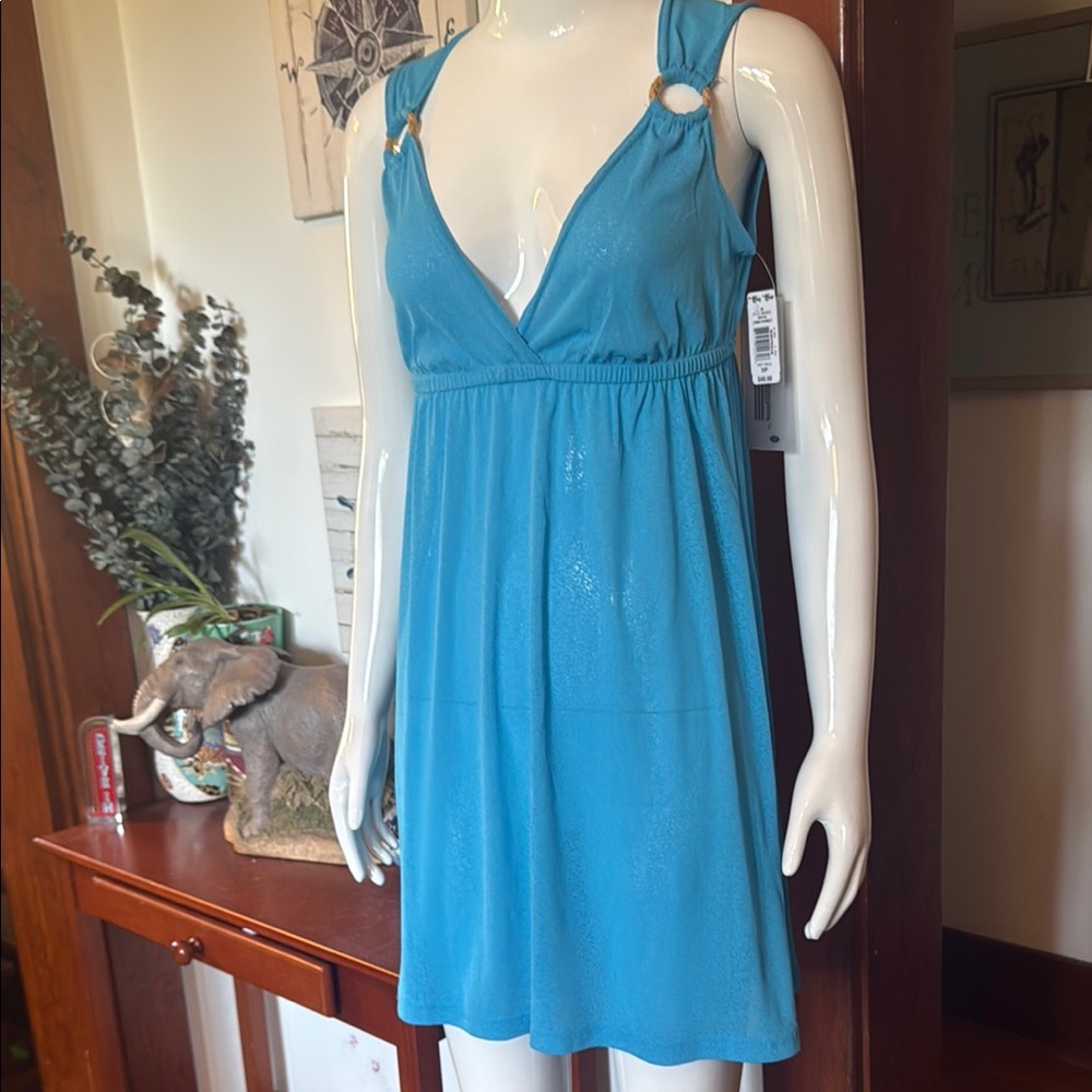 NWT Cover Me size small swim cover up Blue Sleeveless Dress with Ring Details